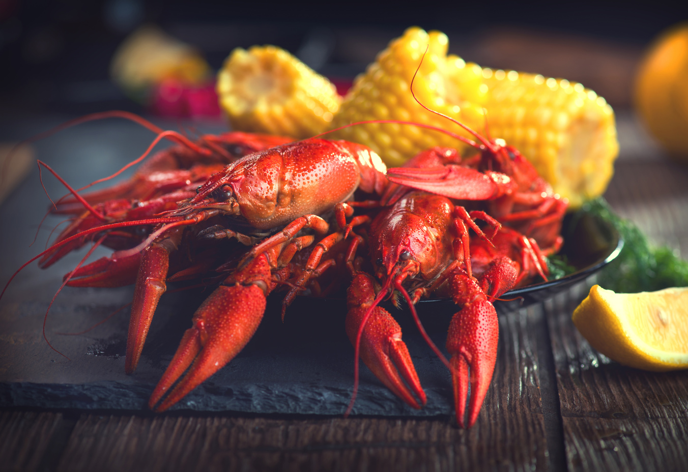 Crayfish. Creole Style Crawfish Boil Serving with Corn and Potat